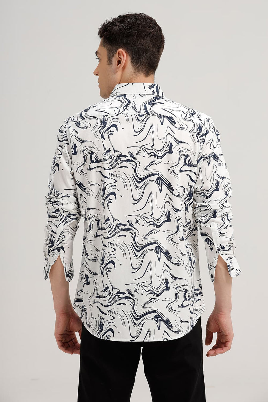 BASICS SLIM FIT CLOUD OFFWHITE COTTON CREPE PRINTED SHIRT
