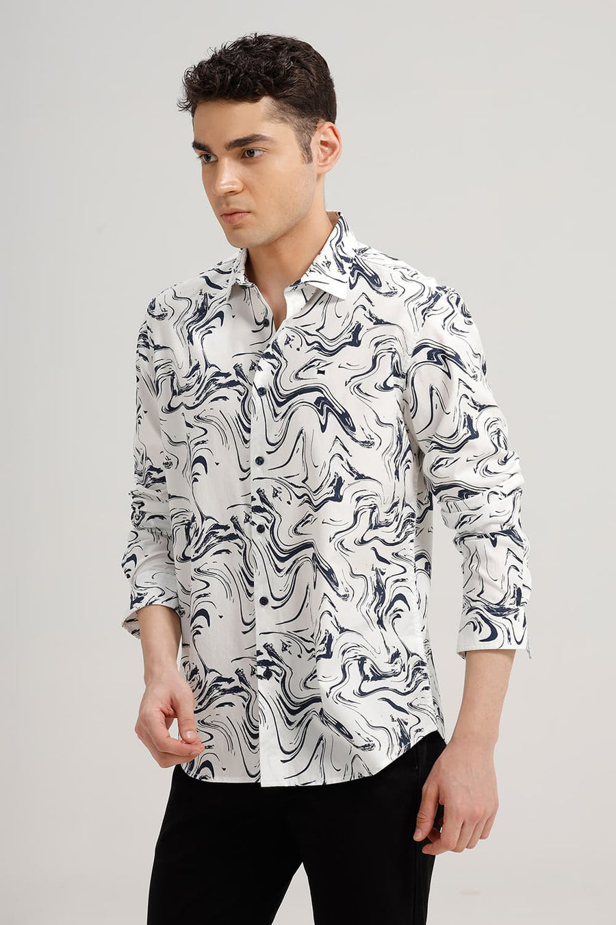 BASICS SLIM FIT CLOUD OFFWHITE COTTON CREPE PRINTED SHIRT