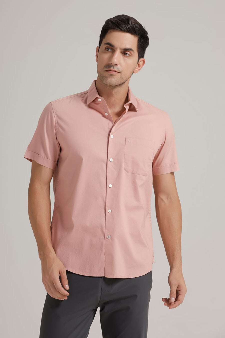 BASICS SLIM FIT MELLOW PINK COTTON OXFORD HALFSLEEVES SHIRT