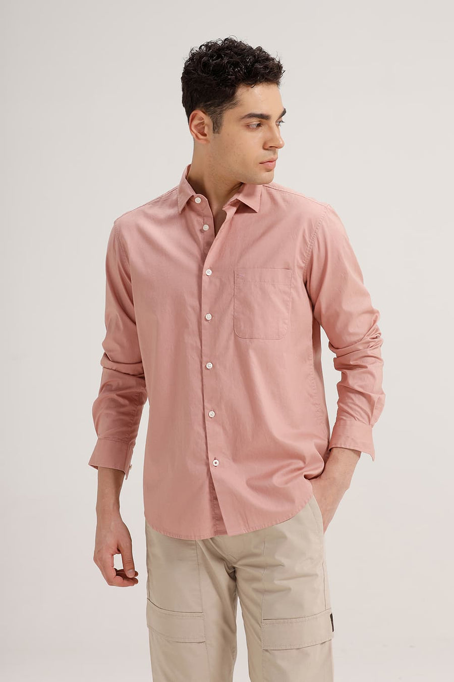 BASICS SLIM FIT MELLOW PINK COTTON OXFORD SHIRT