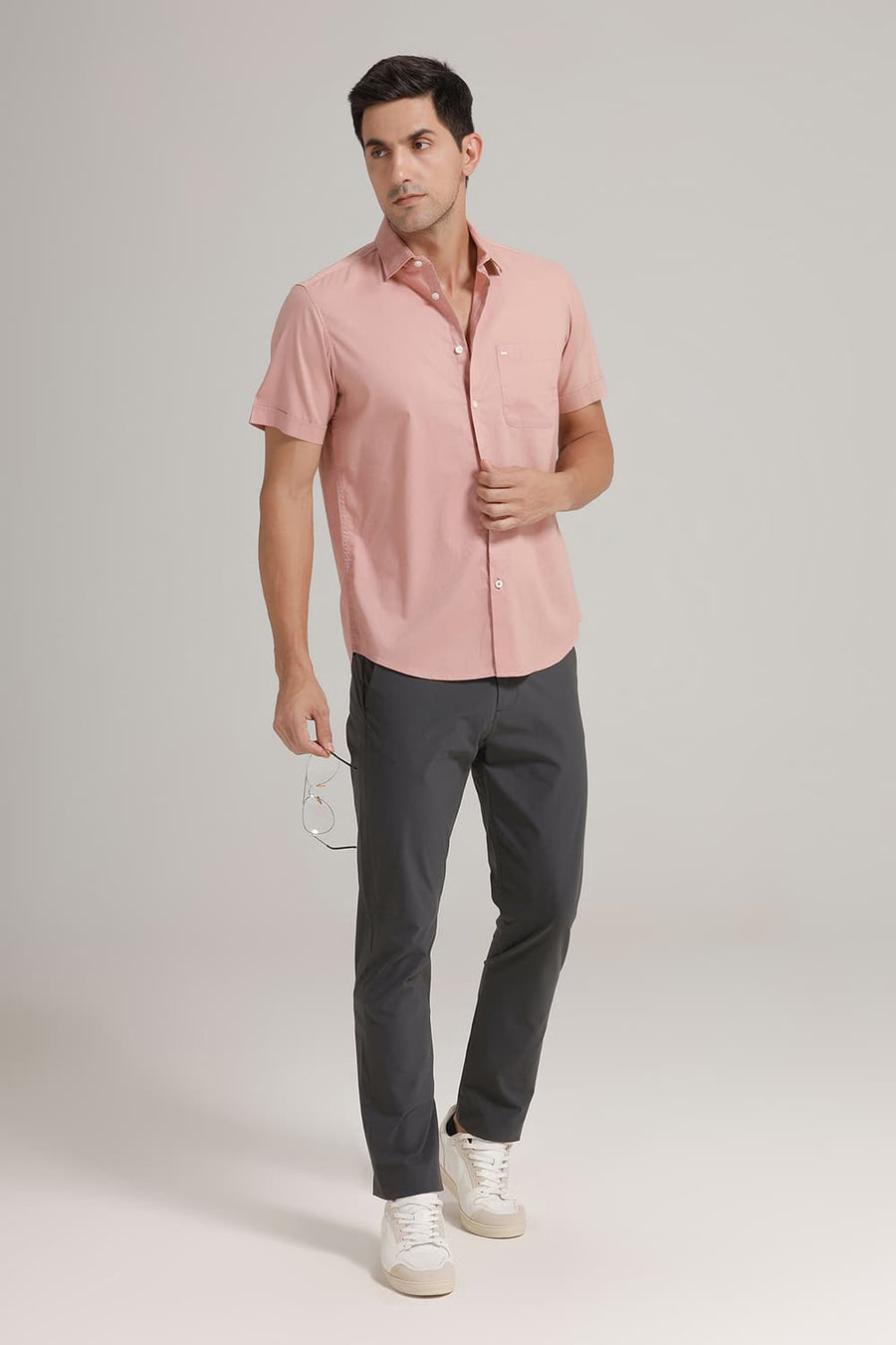 BASICS SLIM FIT MELLOW PINK COTTON OXFORD HALFSLEEVES SHIRT