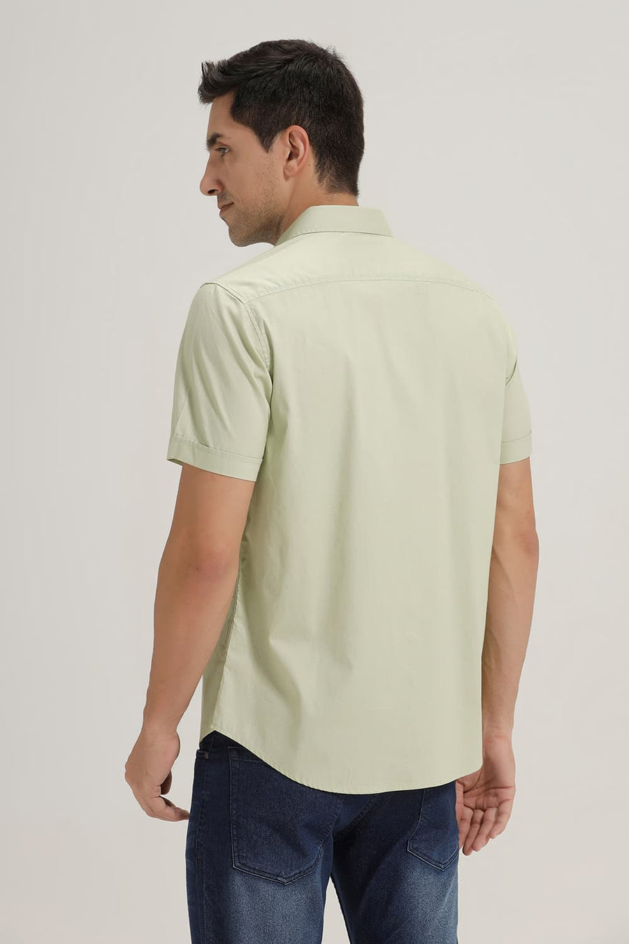 BASICS SLIM FIT CELADON GREEN COTTON OXFORD HALFSLEEVES SHIRT