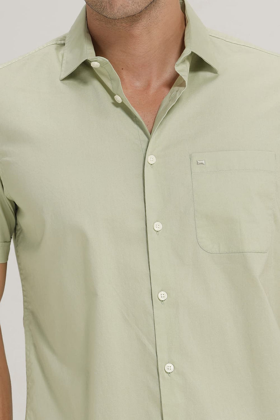 BASICS SLIM FIT CELADON GREEN COTTON OXFORD HALFSLEEVES SHIRT