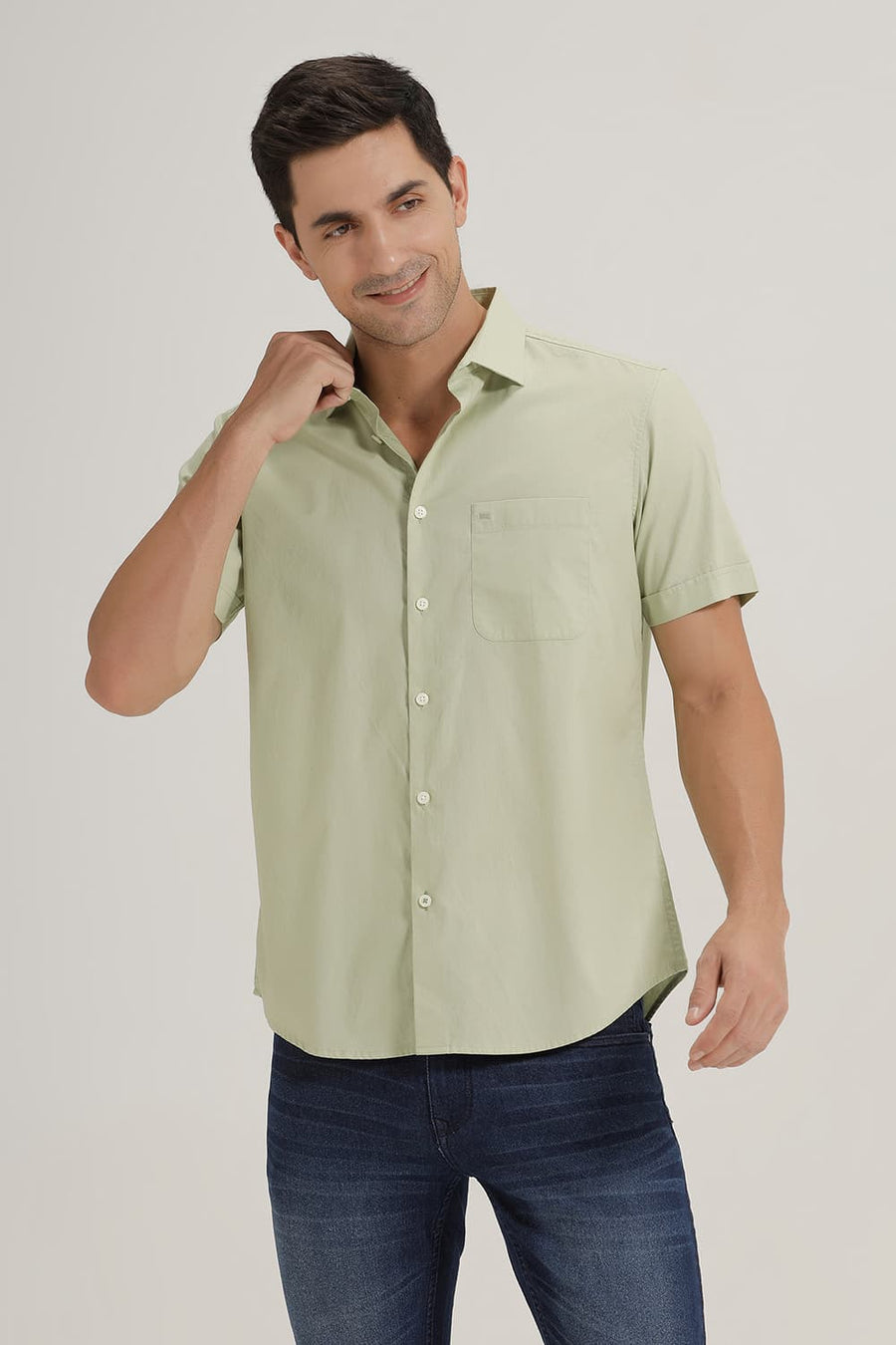 BASICS SLIM FIT CELADON GREEN COTTON OXFORD HALFSLEEVES SHIRT