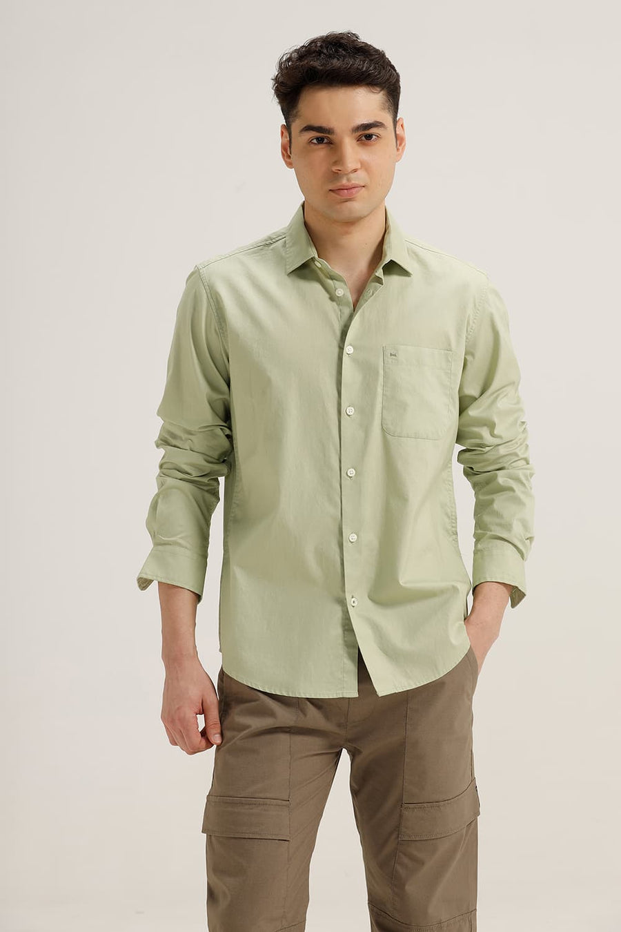 BASICS SLIM FIT CELADON GREEN COTTON OXFORD SHIRT