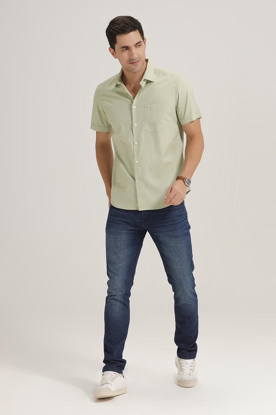 BASICS SLIM FIT CELADON GREEN COTTON OXFORD HALFSLEEVES SHIRT