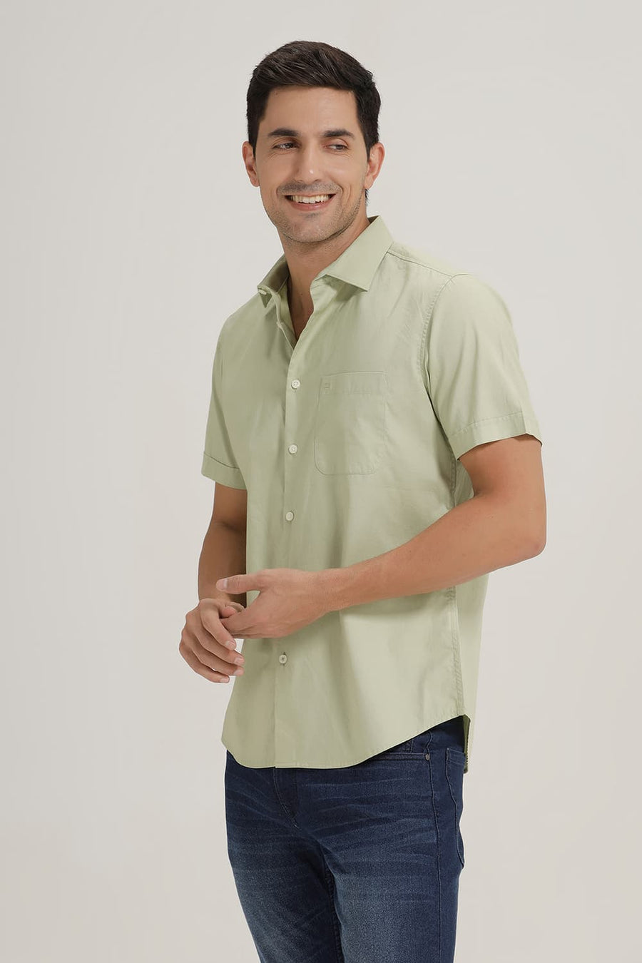 BASICS SLIM FIT CELADON GREEN COTTON OXFORD HALFSLEEVES SHIRT
