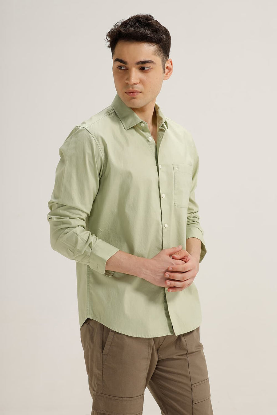 BASICS SLIM FIT CELADON GREEN COTTON OXFORD SHIRT