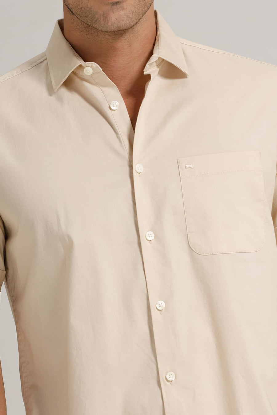BASICS SLIM FIT ECRU CREME COTTON OXFORD HALFSLEEVES SHIRT