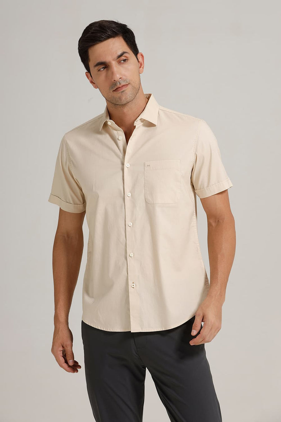BASICS SLIM FIT ECRU CREME COTTON OXFORD HALFSLEEVES SHIRT