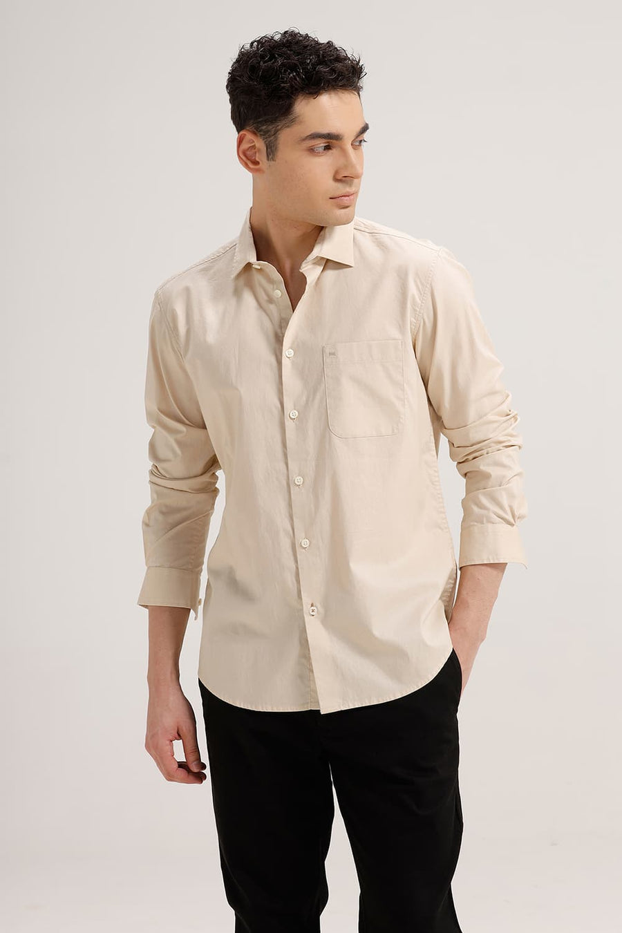 BASICS SLIM FIT ECRU CREME COTTON OXFORD SHIRT