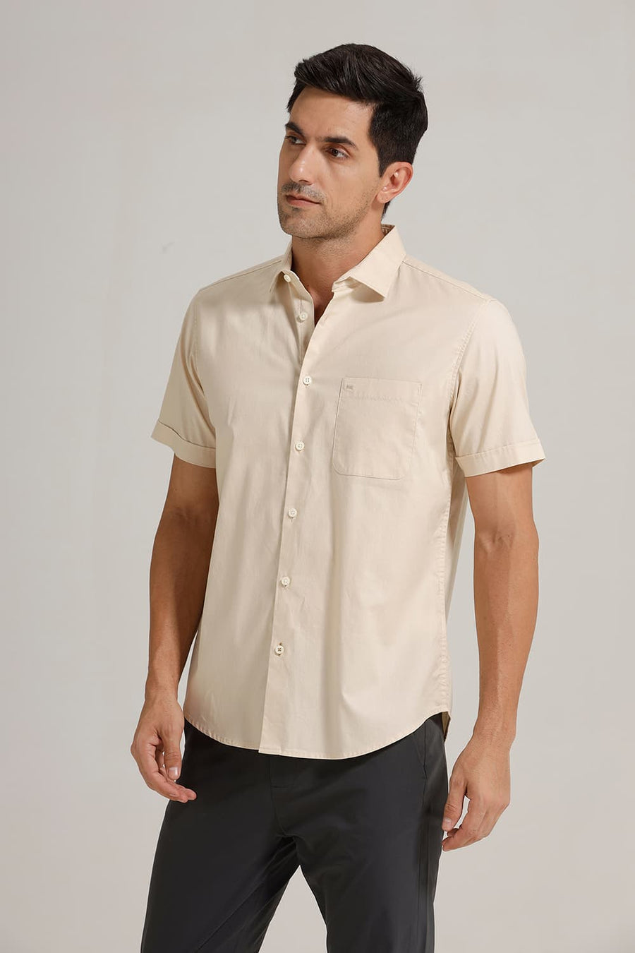 BASICS SLIM FIT ECRU CREME COTTON OXFORD HALFSLEEVES SHIRT
