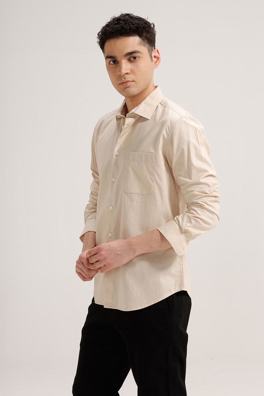 BASICS SLIM FIT ECRU CREME COTTON OXFORD SHIRT