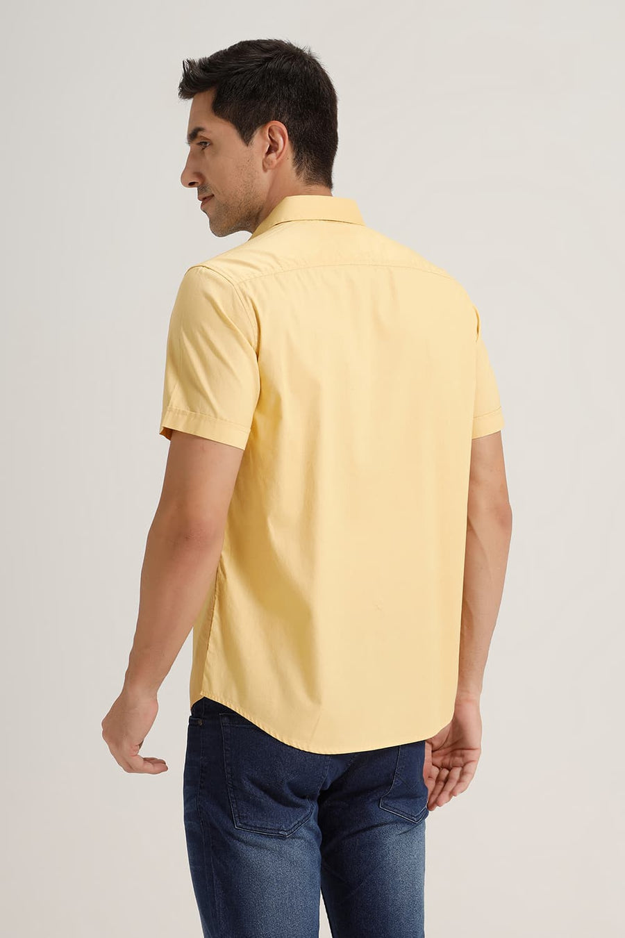 BASICS SLIM FIT OCHRE YELLOW COTTON OXFORD HALFSLEEVES SHIRT