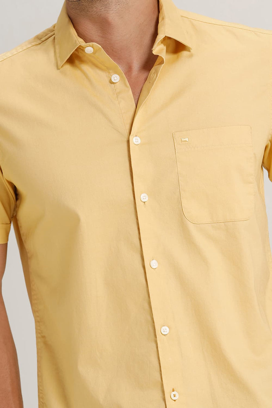 BASICS SLIM FIT OCHRE YELLOW COTTON OXFORD HALFSLEEVES SHIRT