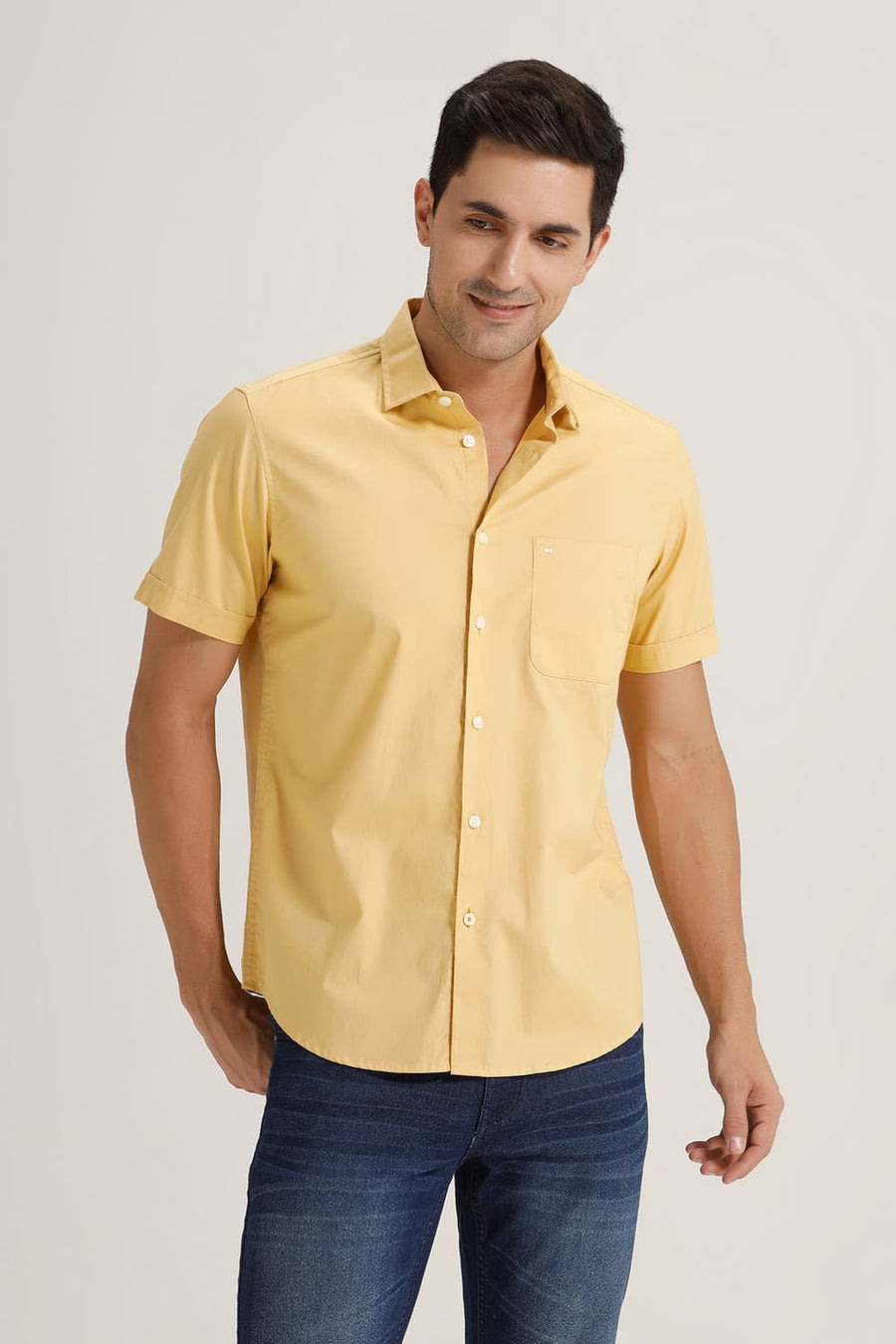 BASICS SLIM FIT OCHRE YELLOW COTTON OXFORD HALFSLEEVES SHIRT