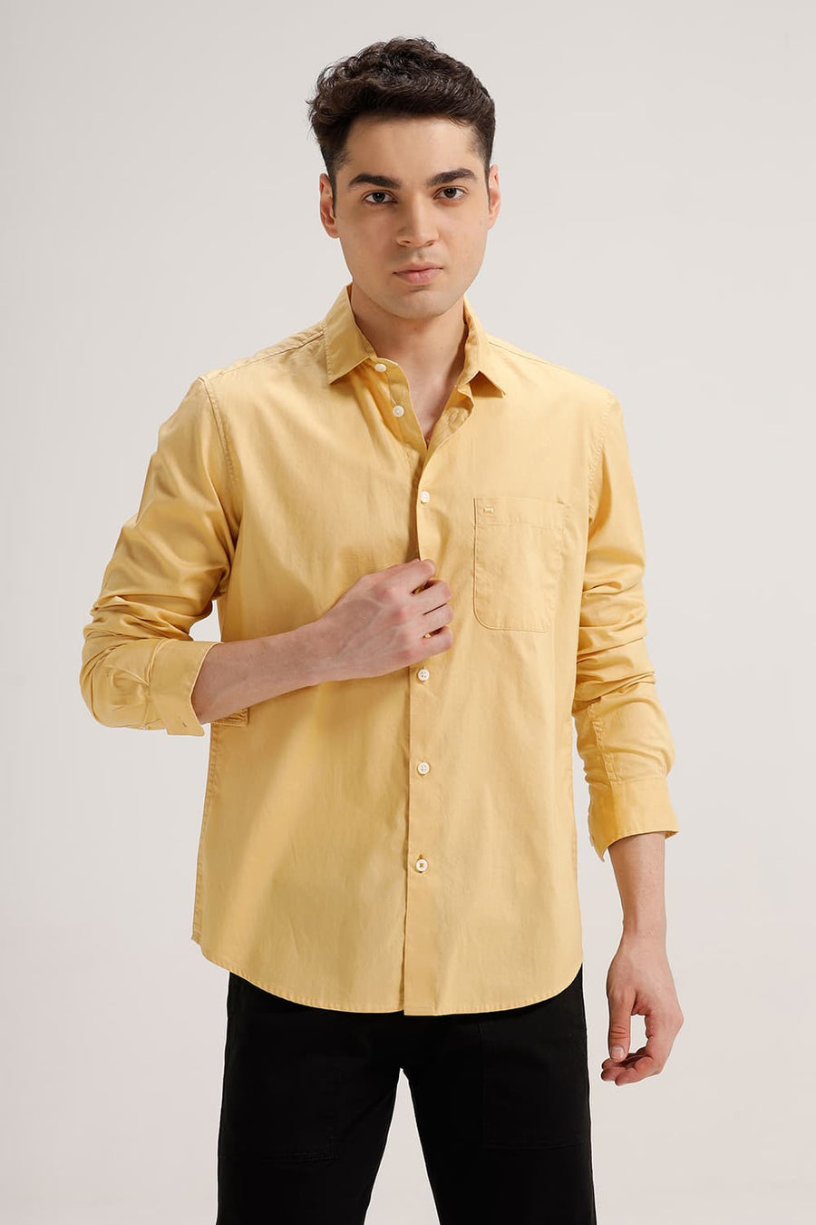 BASICS SLIM FIT OCHRE YELLOW COTTON OXFORD SHIRT