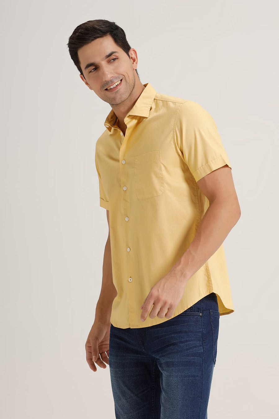 BASICS SLIM FIT OCHRE YELLOW COTTON OXFORD HALFSLEEVES SHIRT
