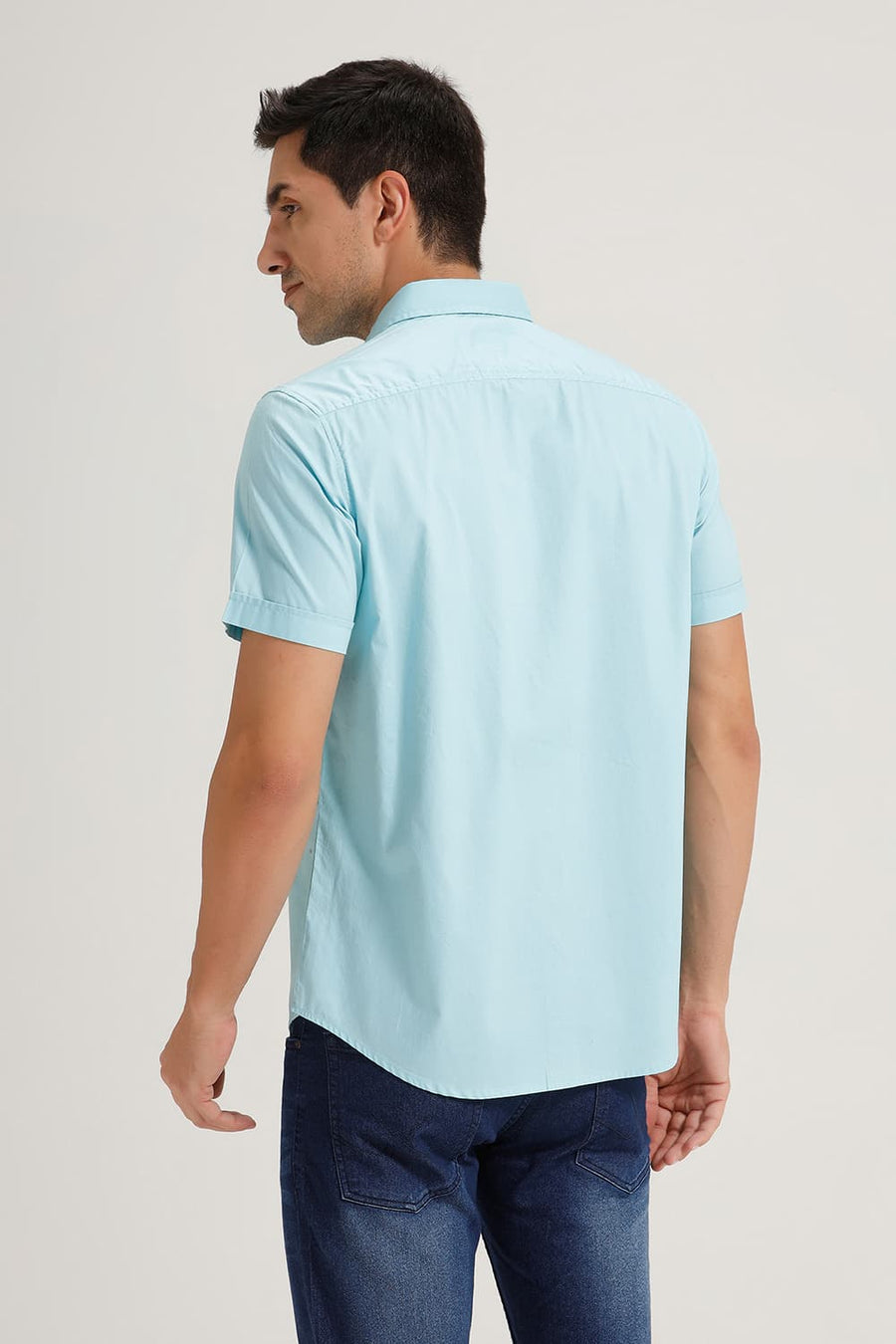 BASICS SLIM FIT AQUA SAND COTTON OXFORD HALFSLEEVES SHIRT