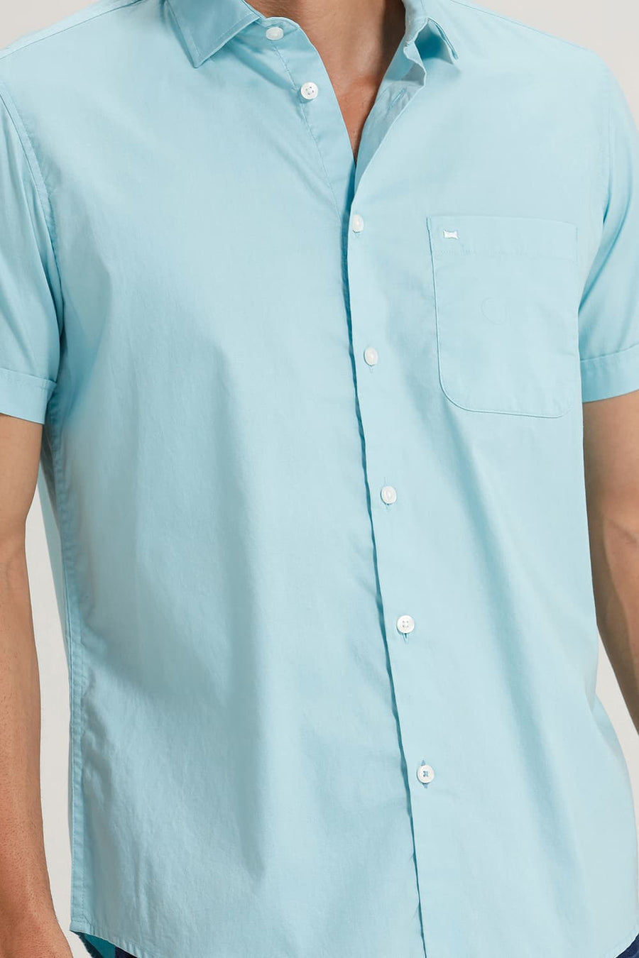 BASICS SLIM FIT AQUA SAND COTTON OXFORD HALFSLEEVES SHIRT