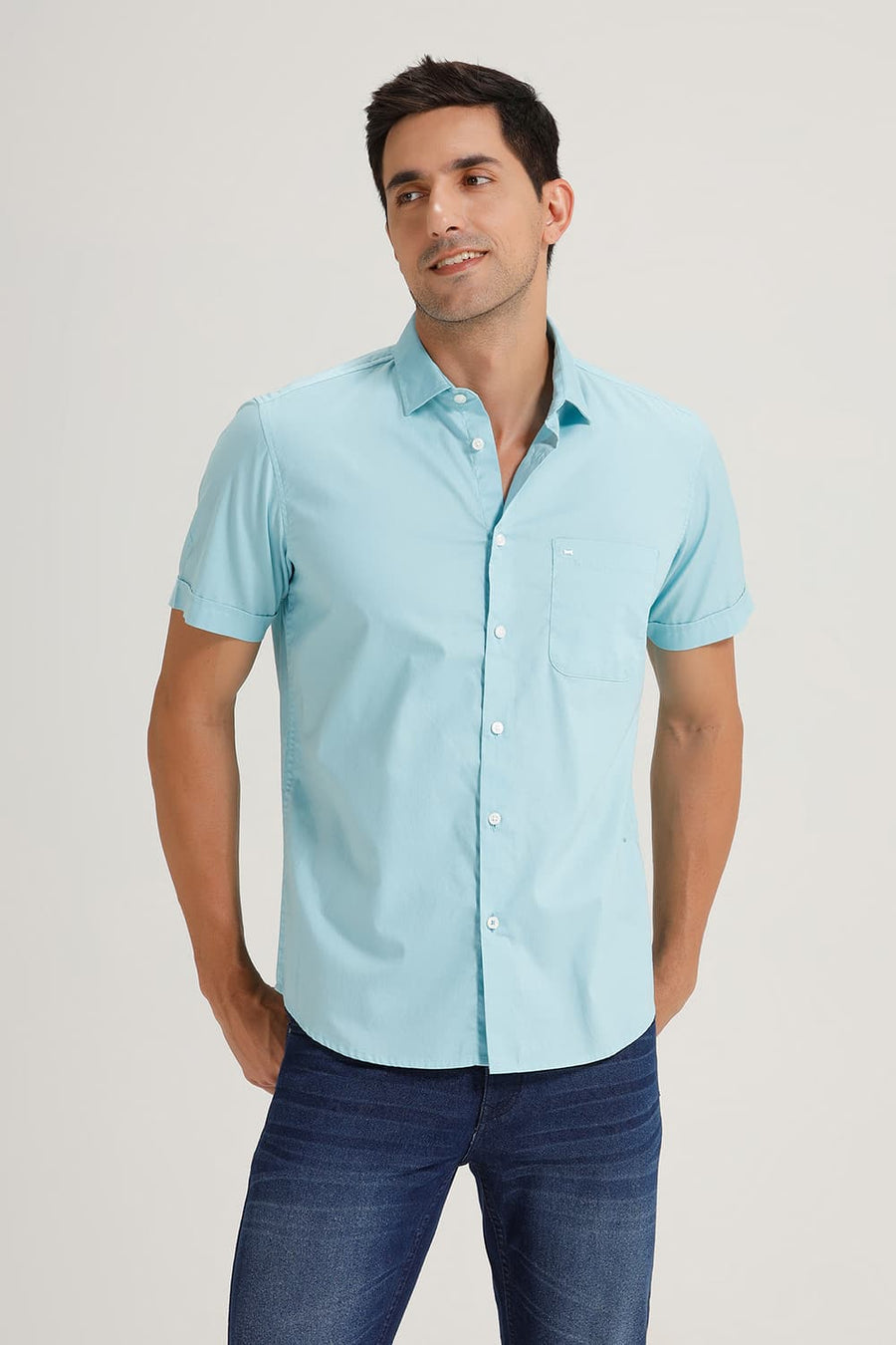 BASICS SLIM FIT AQUA SAND COTTON OXFORD HALFSLEEVES SHIRT