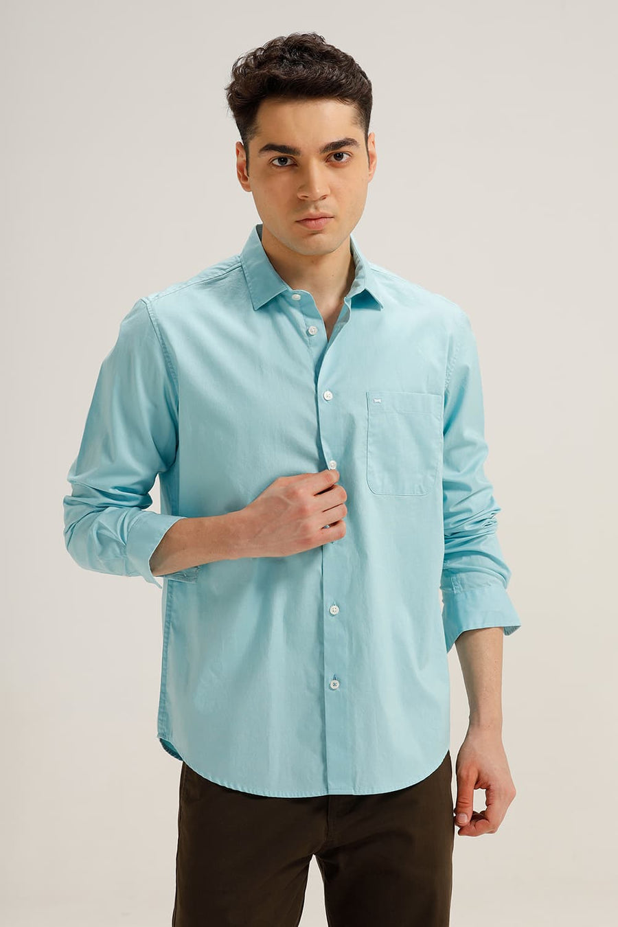 BASICS SLIM FIT AQUA SAND COTTON OXFORD SHIRT