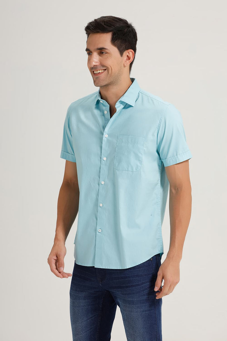BASICS SLIM FIT AQUA SAND COTTON OXFORD HALFSLEEVES SHIRT