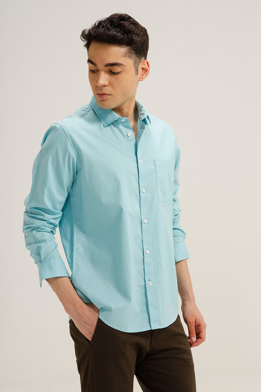 BASICS SLIM FIT AQUA SAND COTTON OXFORD SHIRT