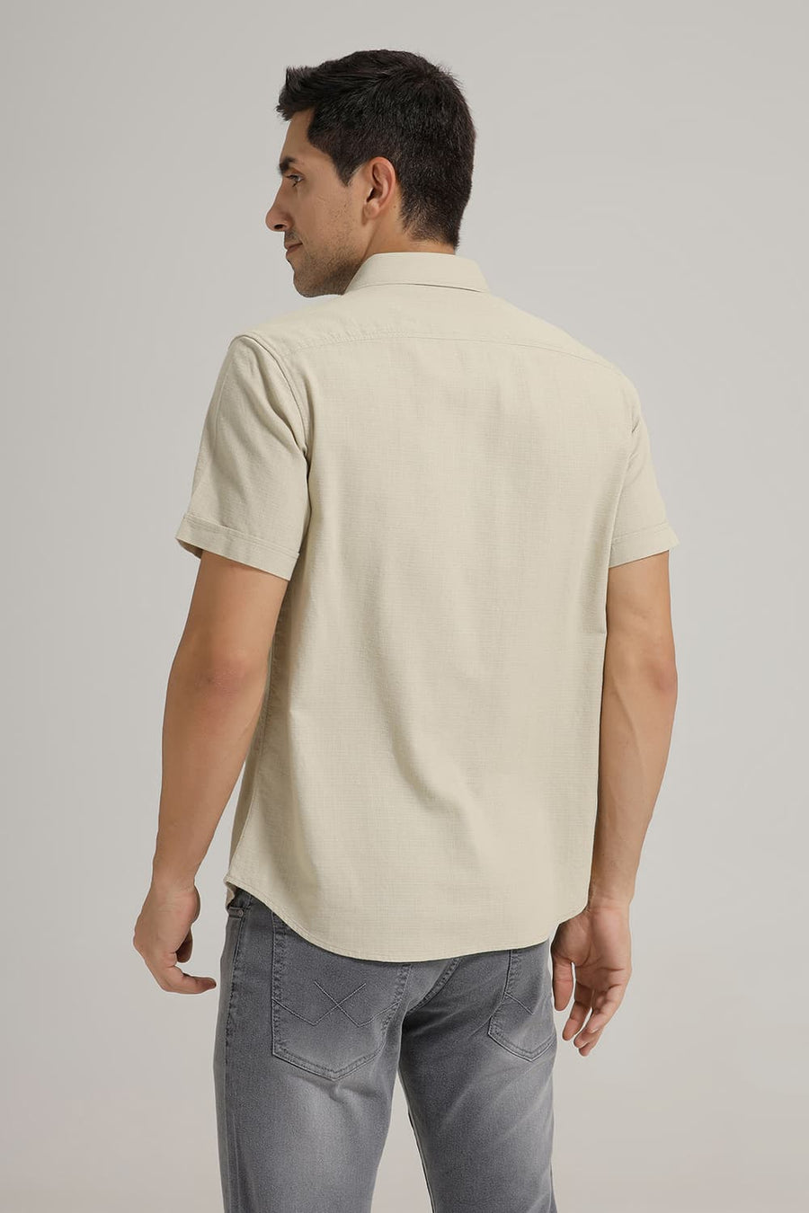 BASICS SLIM FIT ELM GREEN COTTON HOPSACK DOBBY HALFSLEEVES SHIRT
