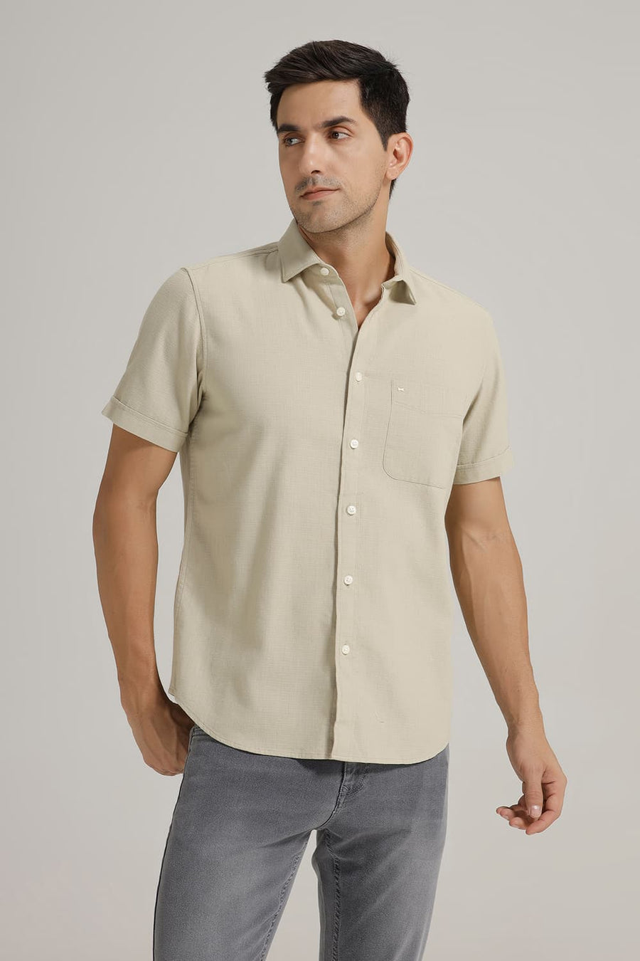 BASICS SLIM FIT ELM GREEN COTTON HOPSACK DOBBY HALFSLEEVES SHIRT
