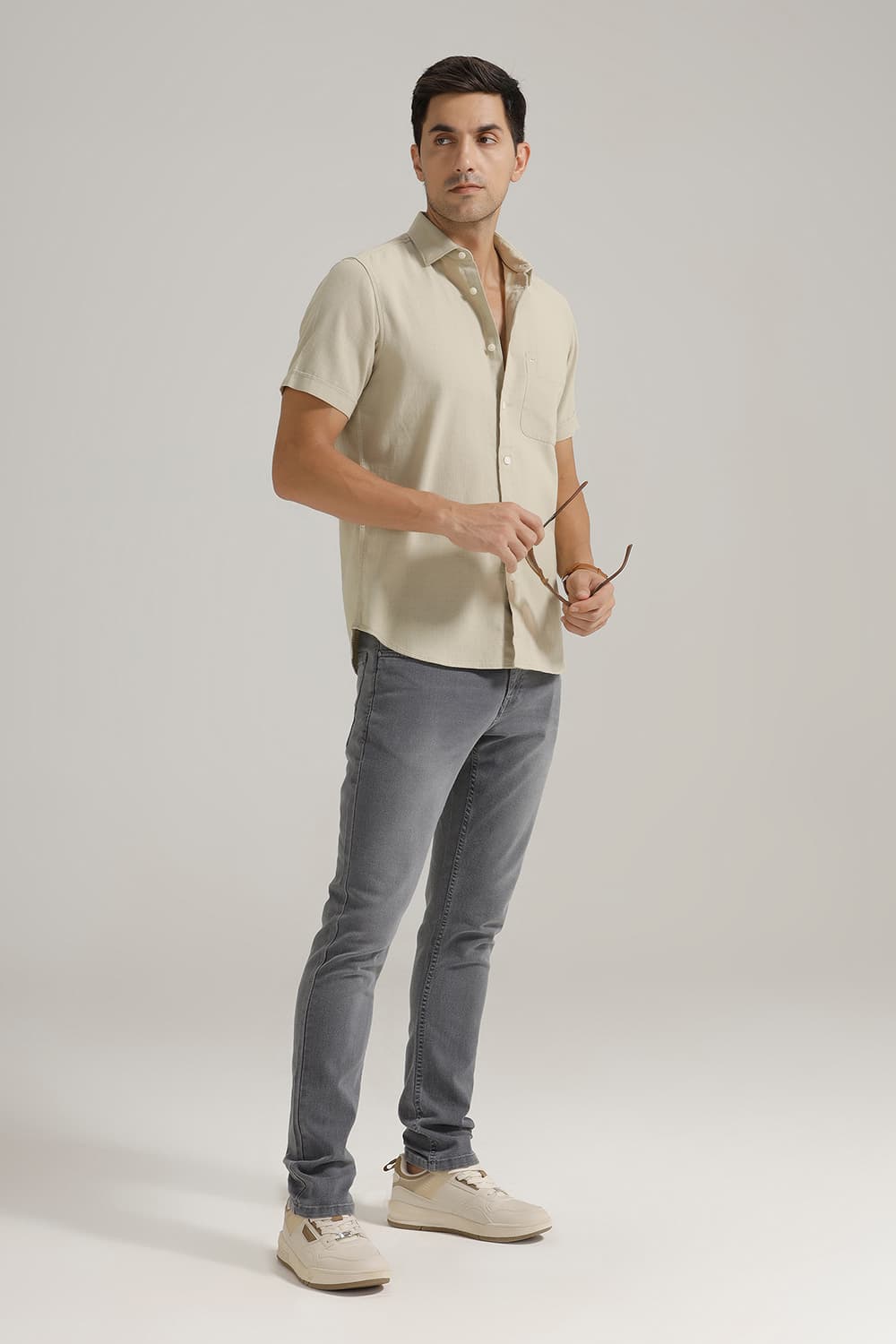 SLIM FIT COTTON HOPSACK DOBBY HALFSLEEVES SHIRT