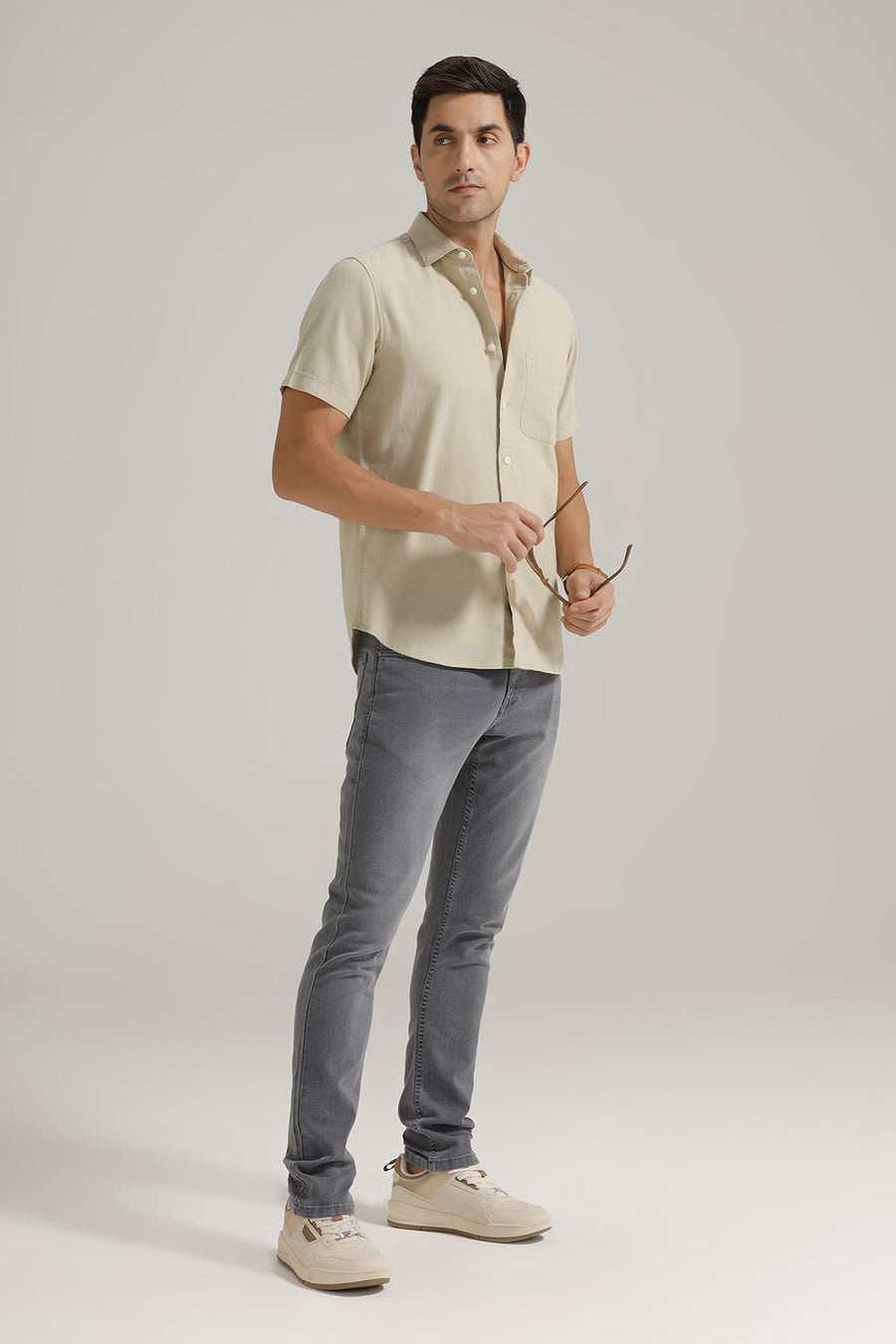 BASICS SLIM FIT ELM GREEN COTTON HOPSACK DOBBY HALFSLEEVES SHIRT