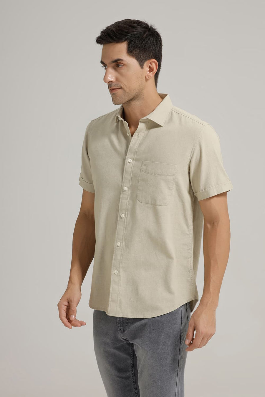 BASICS SLIM FIT ELM GREEN COTTON HOPSACK DOBBY HALFSLEEVES SHIRT