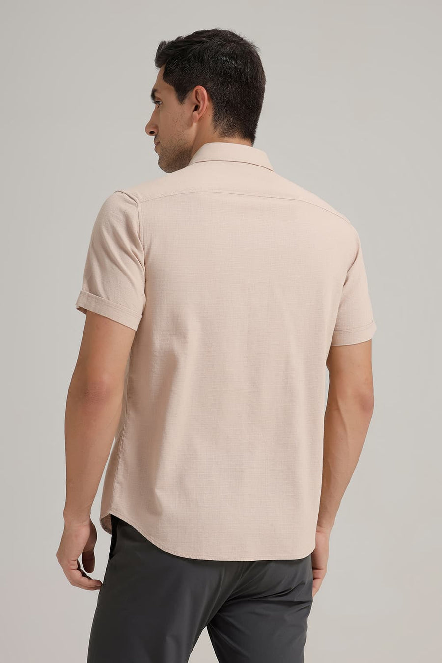 BASICS SLIM FIT BEIGE SAND COTTON HOPSACK DOBBY HALFSLEEVES SHIRT