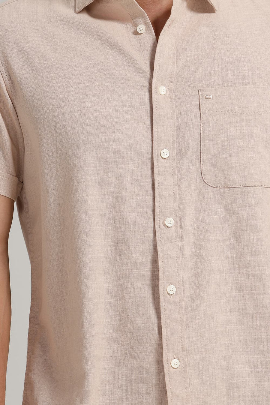 BASICS SLIM FIT BEIGE SAND COTTON HOPSACK DOBBY HALFSLEEVES SHIRT