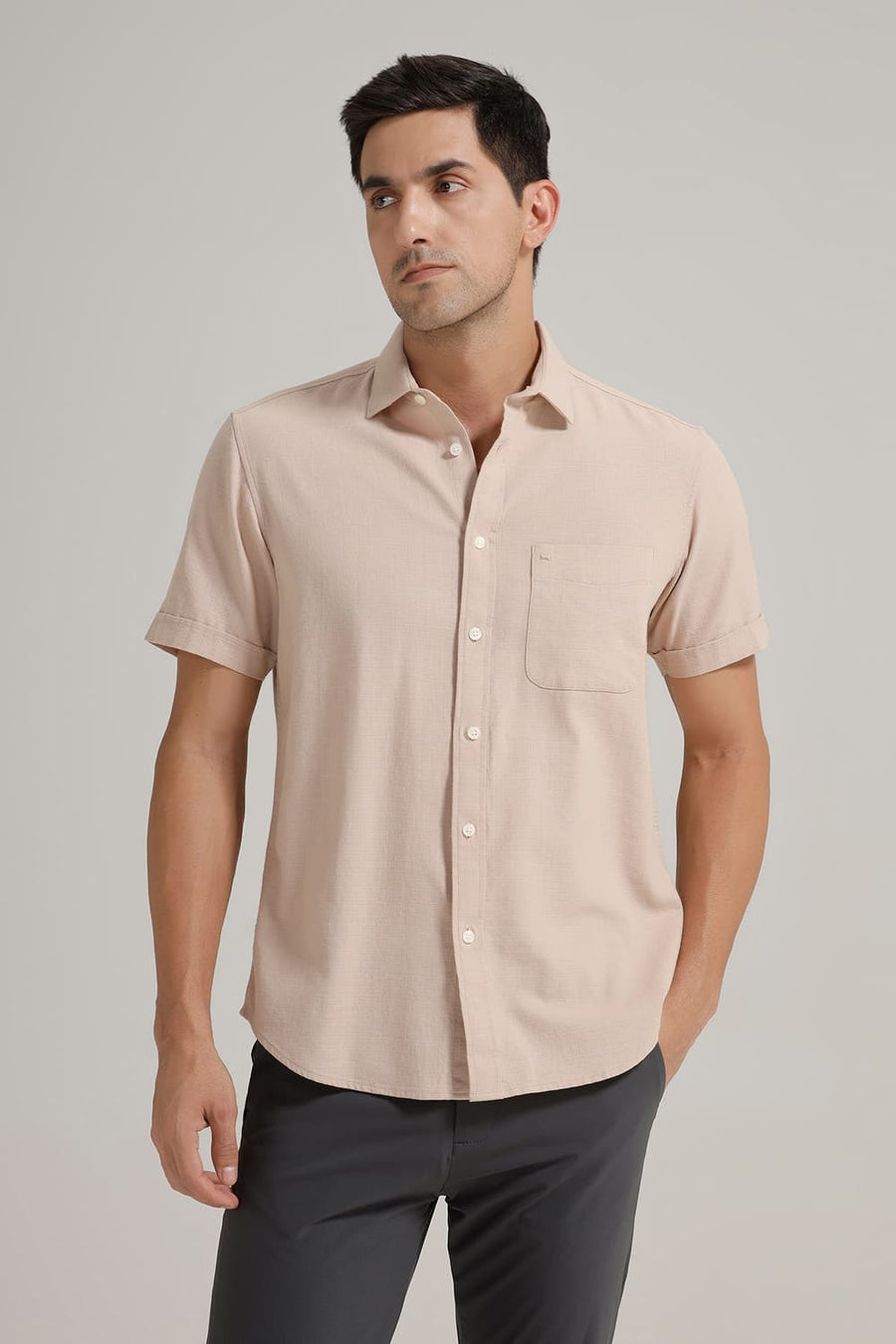 BASICS SLIM FIT BEIGE SAND COTTON HOPSACK DOBBY HALFSLEEVES SHIRT