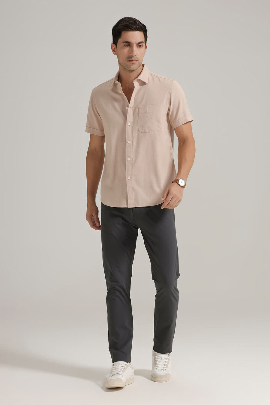 BASICS SLIM FIT BEIGE SAND COTTON HOPSACK DOBBY HALFSLEEVES SHIRT