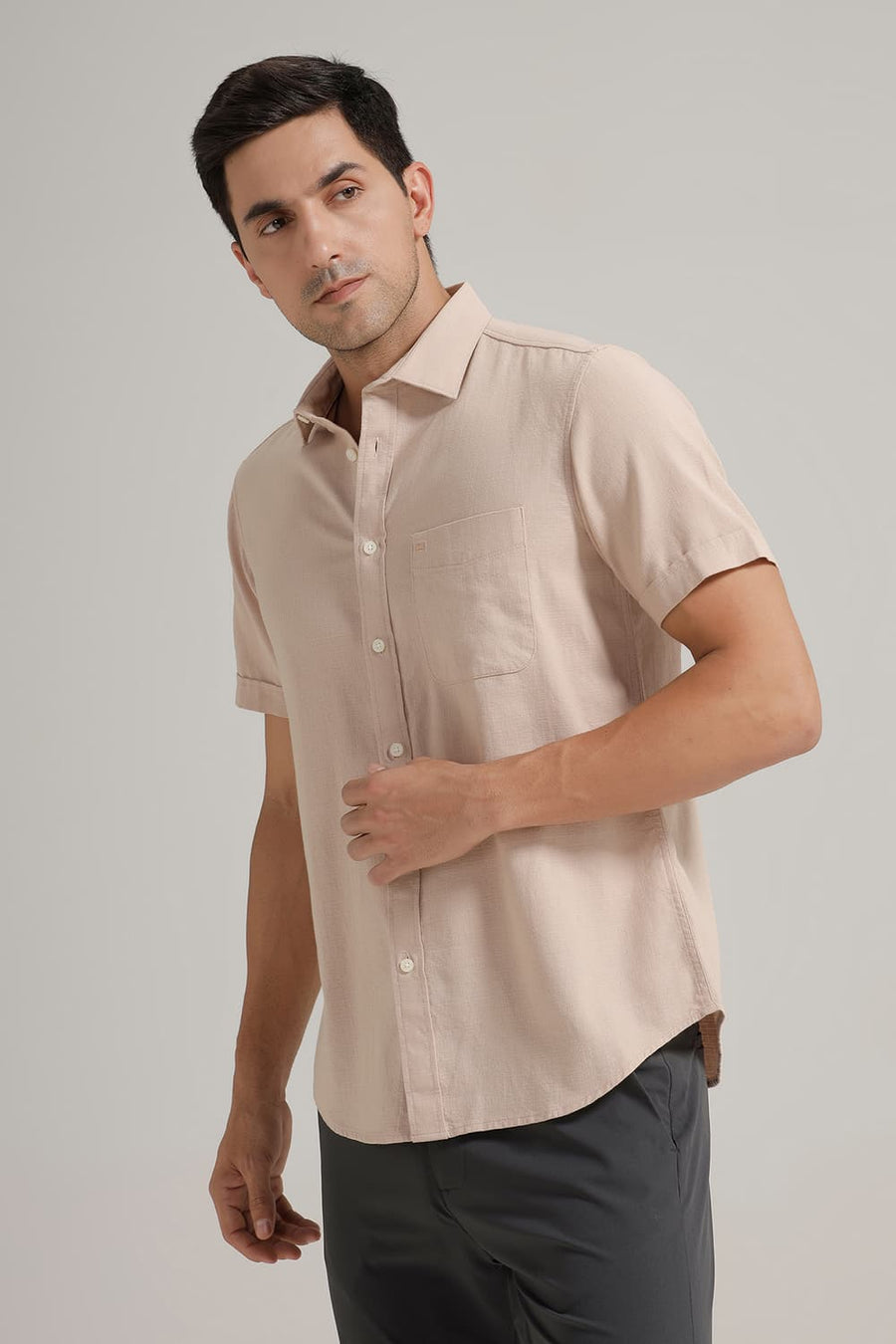 BASICS SLIM FIT BEIGE SAND COTTON HOPSACK DOBBY HALFSLEEVES SHIRT