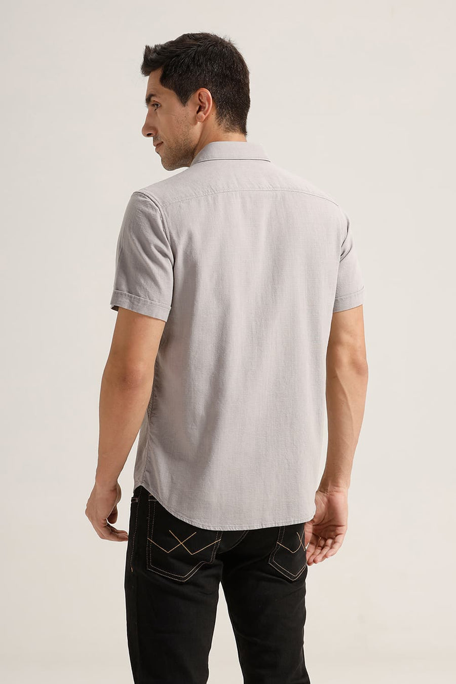 BASICS SLIM FIT FROST GREY COTTON HOPSACK DOBBY HALFSLEEVES SHIRT