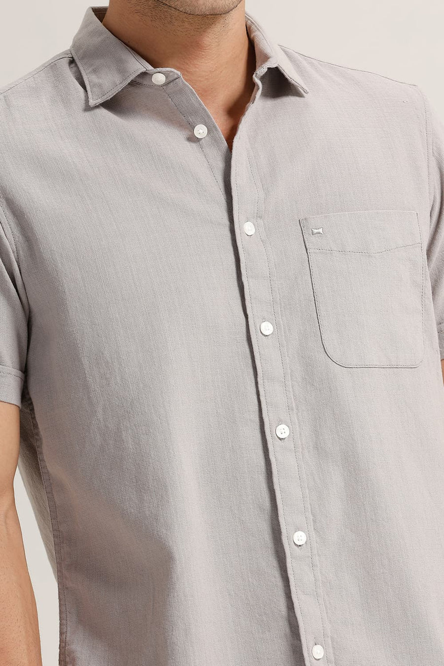 BASICS SLIM FIT FROST GREY COTTON HOPSACK DOBBY HALFSLEEVES SHIRT