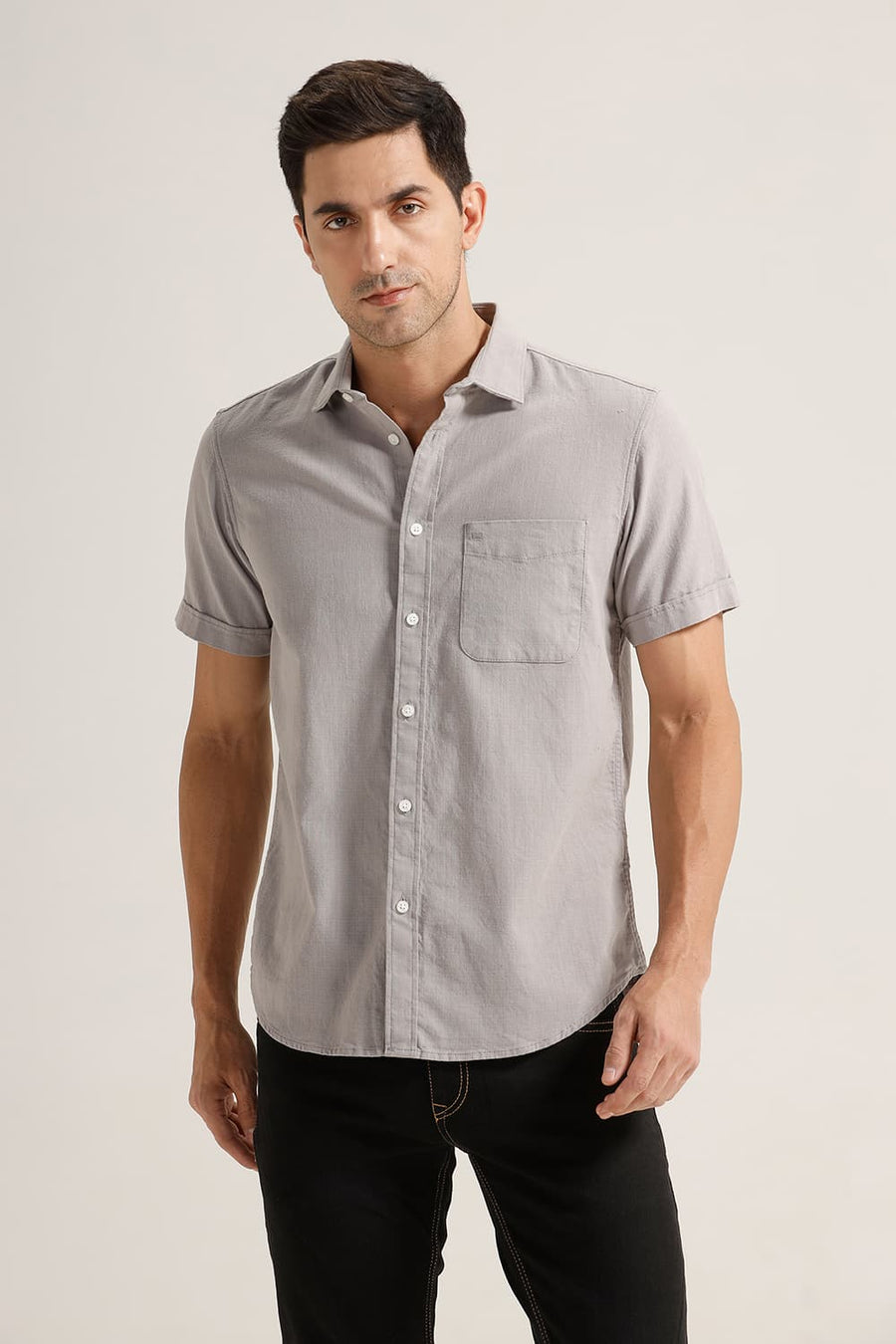 BASICS SLIM FIT FROST GREY COTTON HOPSACK DOBBY HALFSLEEVES SHIRT