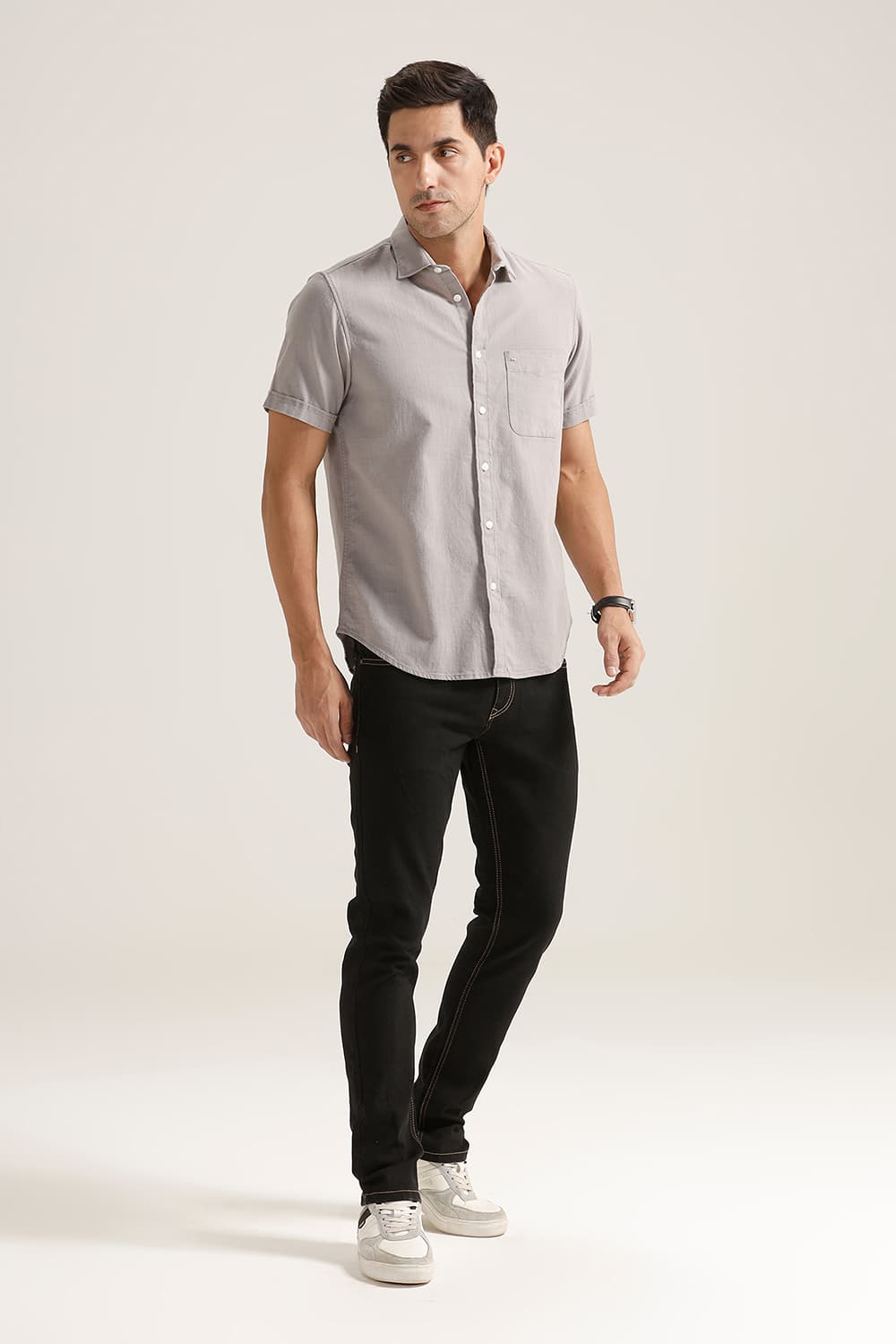 SLIM FIT COTTON HOPSACK DOBBY HALFSLEEVES SHIRT