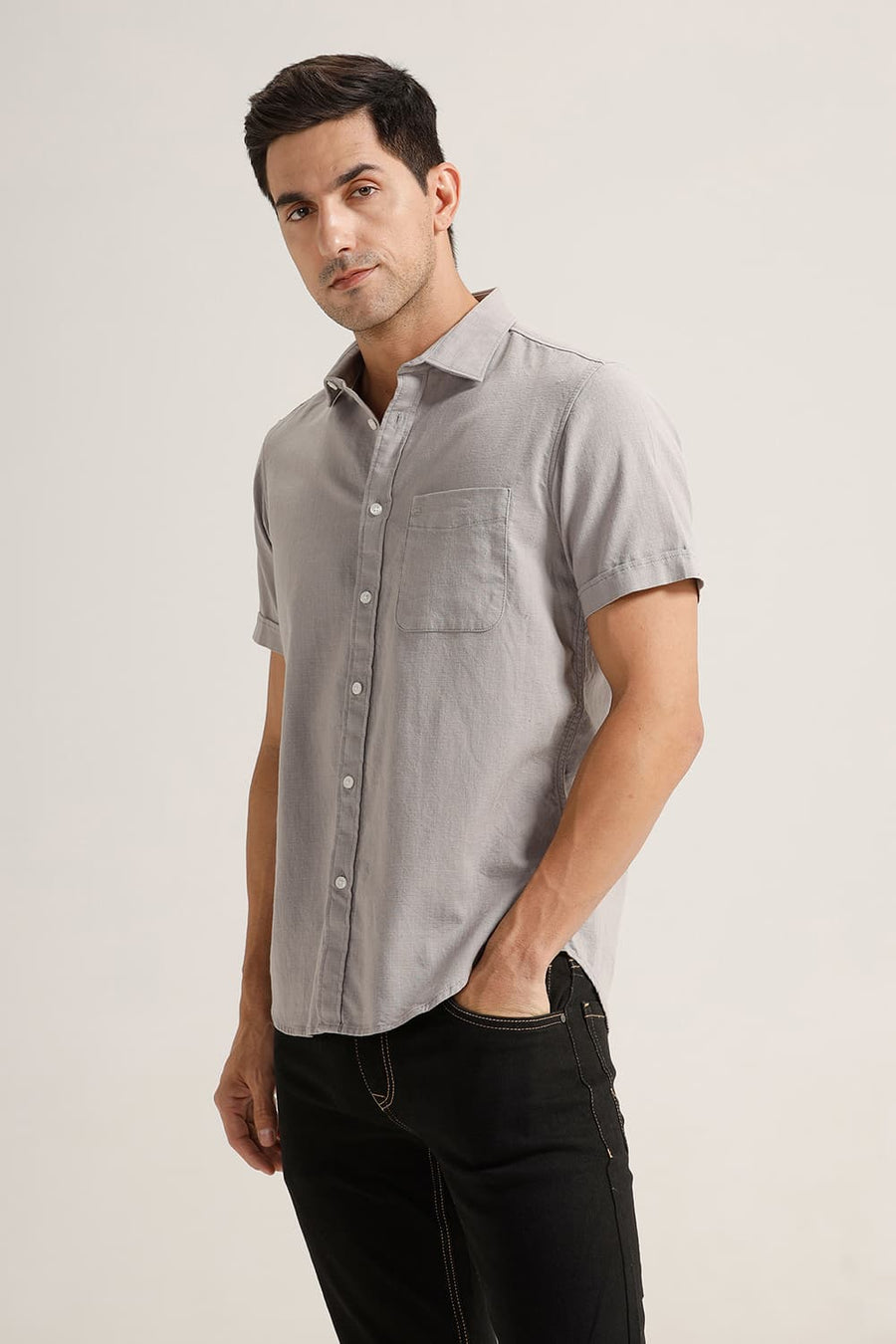BASICS SLIM FIT FROST GREY COTTON HOPSACK DOBBY HALFSLEEVES SHIRT