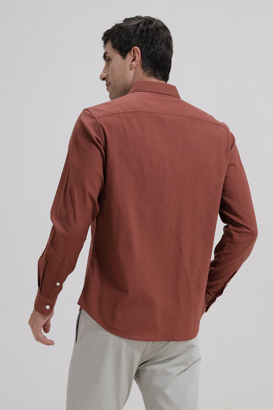 BASICS SLIM FIT ROASTED BRICK SLUB COTTON STRETCH SHIRT