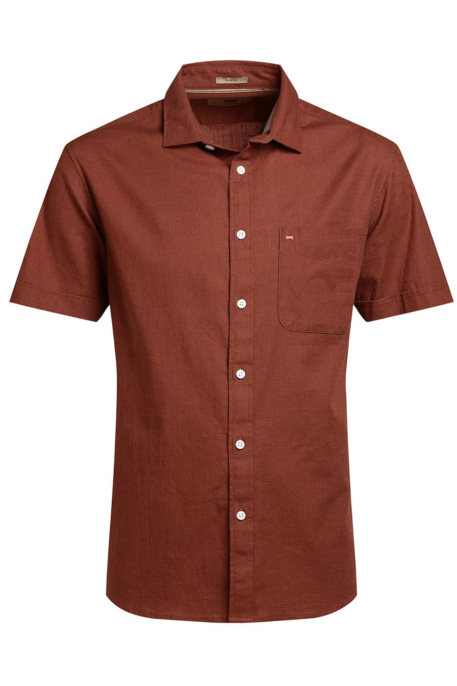 BASICS SLIM FIT ROASTED BRICK SLUB COTTON STRETCH HALFSLEEVES SHIRT