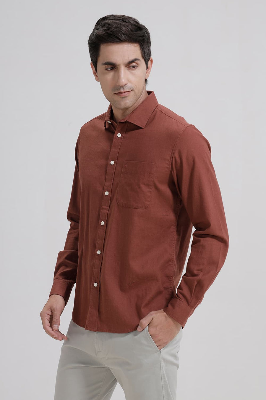 BASICS SLIM FIT ROASTED BRICK SLUB COTTON STRETCH SHIRT
