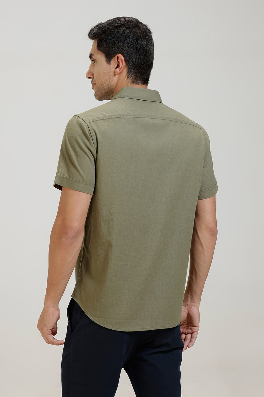 BASICS SLIM FIT OLIVE BRANCH SLUB COTTON STRETCH HALFSLEEVES SHIRT