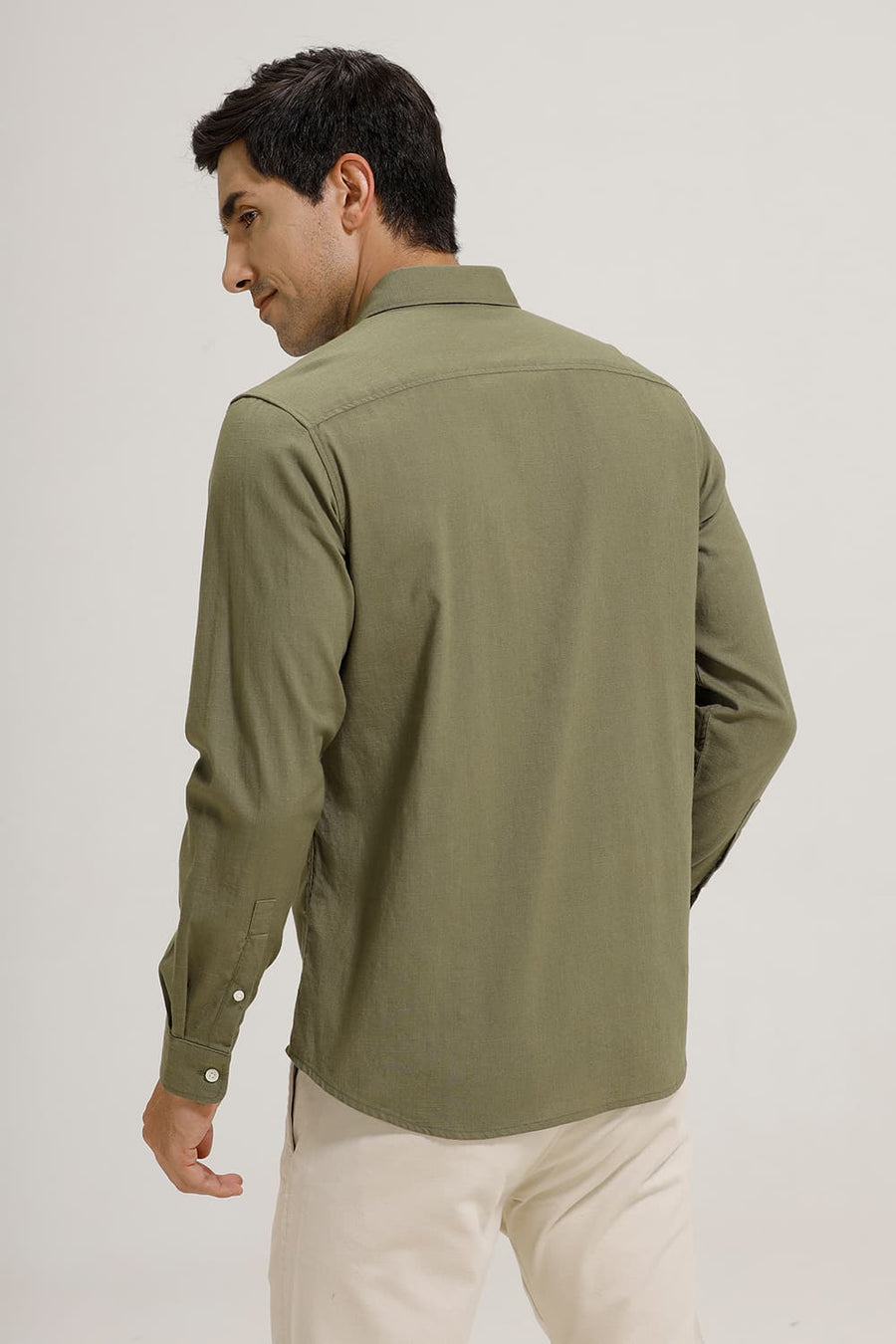 BASICS SLIM FIT OLIVE BRANCH SLUB COTTON STRETCH SHIRT
