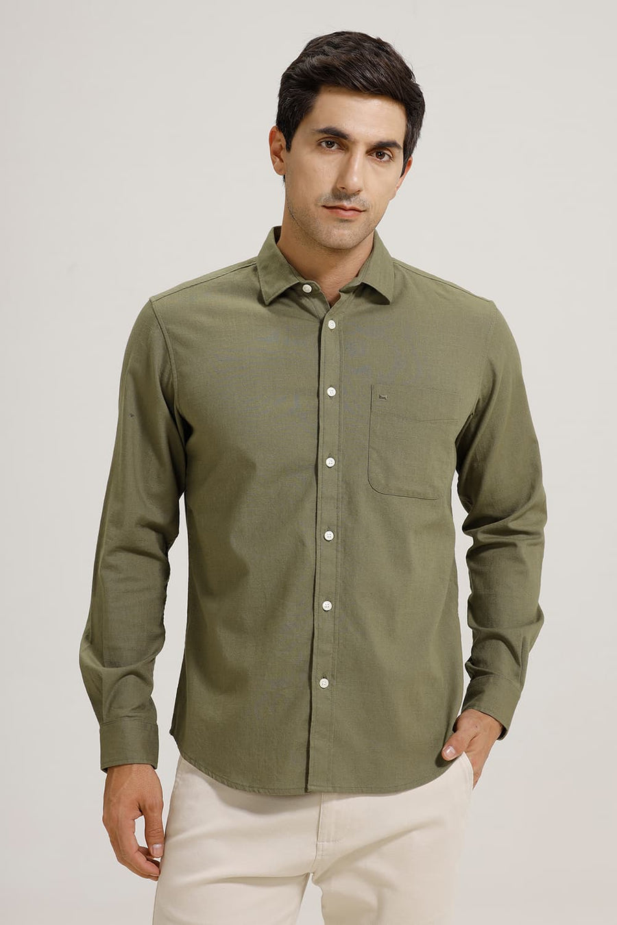 BASICS SLIM FIT OLIVE BRANCH SLUB COTTON STRETCH SHIRT