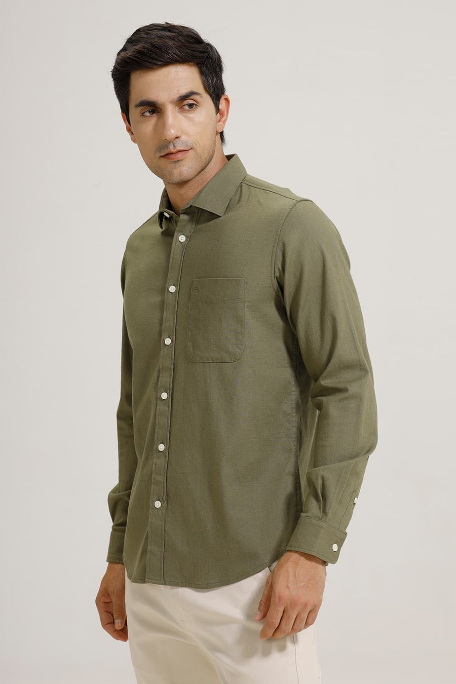BASICS SLIM FIT OLIVE BRANCH SLUB COTTON STRETCH SHIRT